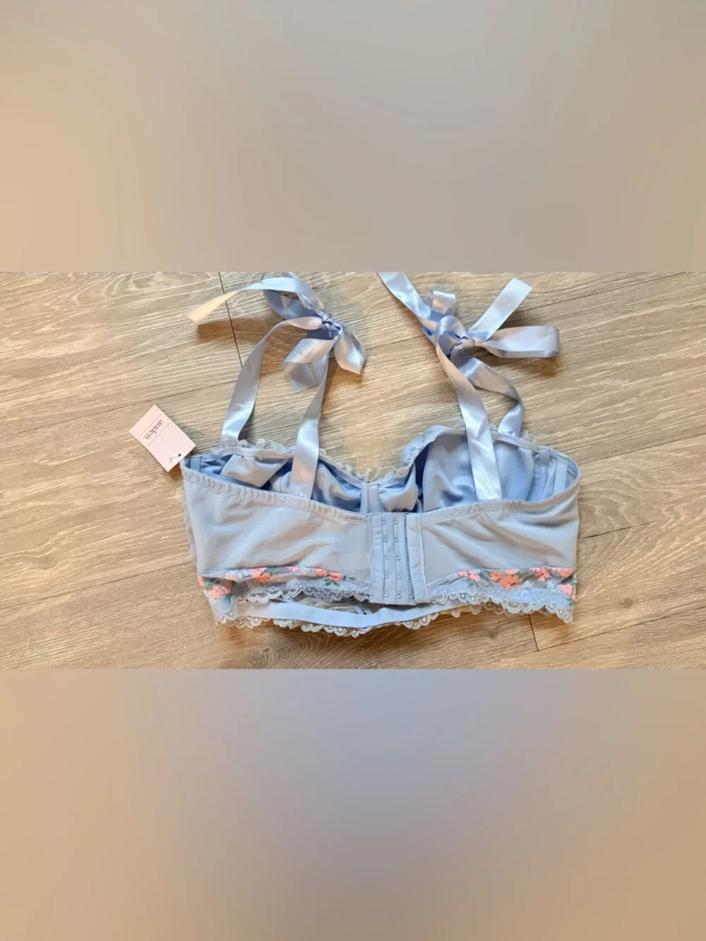 Light Blue Floral Lace Balconette Bra with Ribbon Straps - Picture 9 of 11
